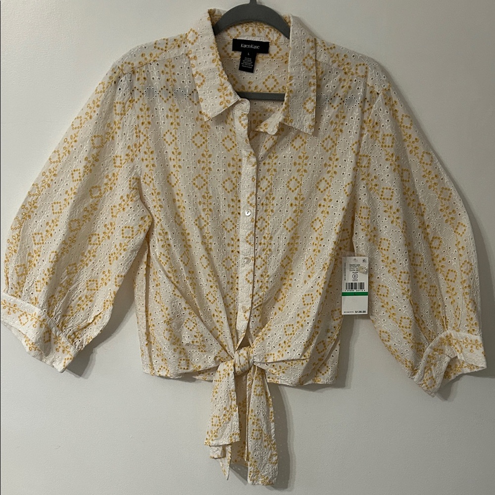 Karen Kane Tie Front Blouse Women’s L Tropic Sun Eyelet Bell Sleeves Spring NWT - Picture 1 of 15